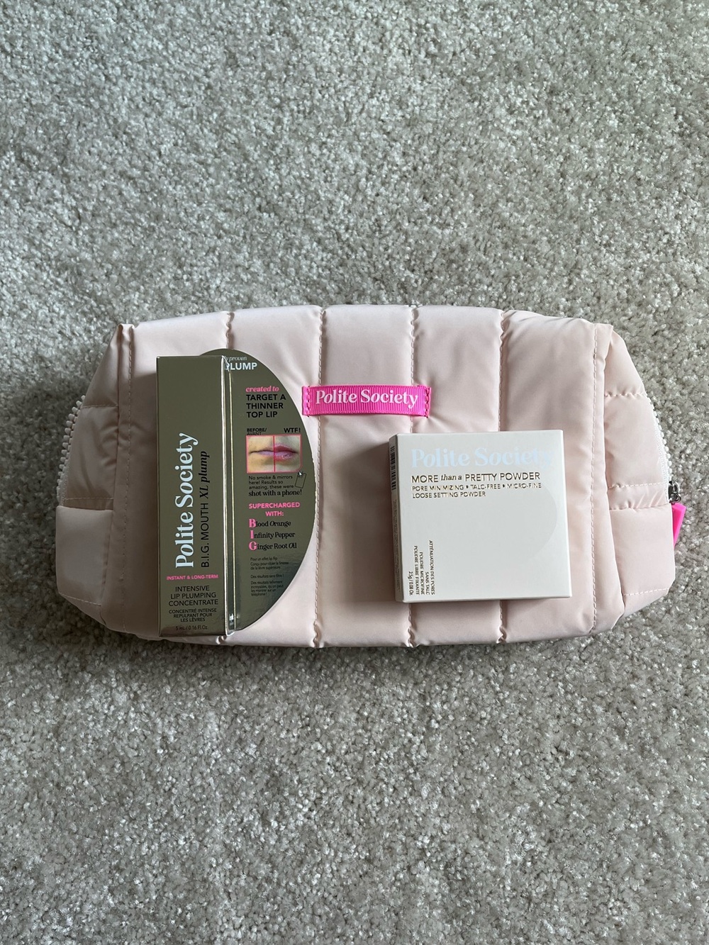 Polite Society Pink Quilted Makeup Bag with Lip Plumper and Setting Powder NWT